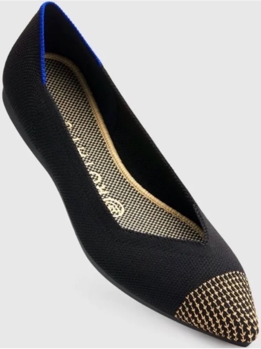 Rothy’s The Point Black Knit Flats with Gold Metallic Cap Toe Size 6